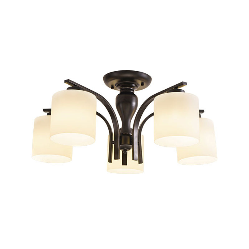 White Glass Cylinder Semi Mount Lighting Vintage 3/5/8-Light Living Room Flush Ceiling Light in Black Clearhalo 'Ceiling Lights' 'Close To Ceiling Lights' 'Close to ceiling' 'Semi-flushmount' Lighting' 1972228