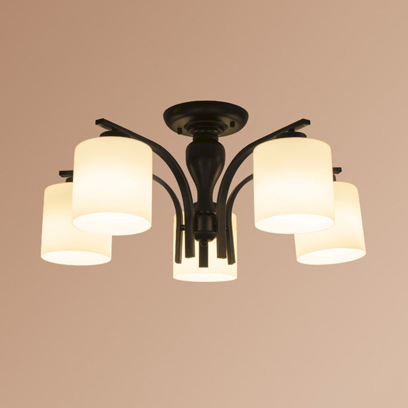 White Glass Cylinder Semi Mount Lighting Vintage 3/5/8-Light Living Room Flush Ceiling Light in Black Clearhalo 'Ceiling Lights' 'Close To Ceiling Lights' 'Close to ceiling' 'Semi-flushmount' Lighting' 1972229