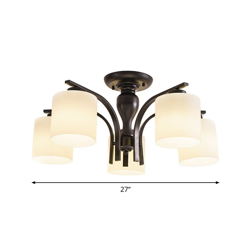 White Glass Cylinder Semi Mount Lighting Vintage 3/5/8-Light Living Room Flush Ceiling Light in Black Clearhalo 'Ceiling Lights' 'Close To Ceiling Lights' 'Close to ceiling' 'Semi-flushmount' Lighting' 1972230