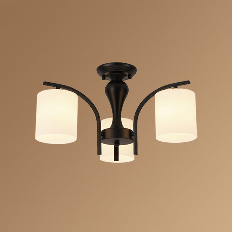 White Glass Cylinder Semi Mount Lighting Vintage 3/5/8-Light Living Room Flush Ceiling Light in Black Clearhalo 'Ceiling Lights' 'Close To Ceiling Lights' 'Close to ceiling' 'Semi-flushmount' Lighting' 1972234