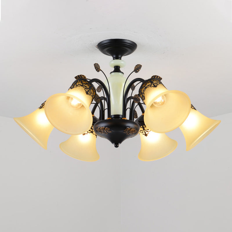 Frosted Glass Morning Glory Chandelier Farmhouse 3/6/8 Lights Living Room Ceiling Pendant in Black/White 6 White Clearhalo 'Ceiling Lights' 'Close To Ceiling Lights' 'Close to ceiling' 'Glass shade' 'Glass' 'Pendant Lights' 'Semi-flushmount' Lighting' 1972241