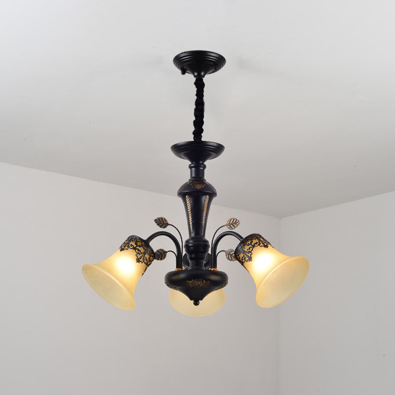 Frosted Glass Morning Glory Chandelier Farmhouse 3/6/8 Lights Living Room Ceiling Pendant in Black/White 3 Black Clearhalo 'Ceiling Lights' 'Close To Ceiling Lights' 'Close to ceiling' 'Glass shade' 'Glass' 'Pendant Lights' 'Semi-flushmount' Lighting' 1972258