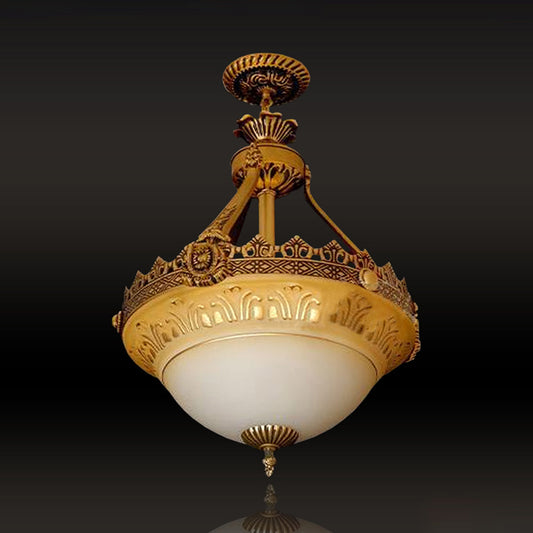 Bowl Terrace Ceiling Chandelier Rustic Beige and White Glass 3-Light 12"/16"/19.5" W Brass Pendant Lamp Clearhalo 'Ceiling Lights' 'Chandeliers' Lighting' options 1972280
