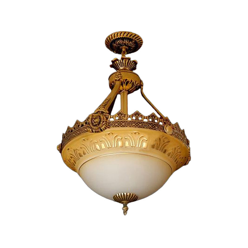 Bowl Terrace Ceiling Chandelier Rustic Beige and White Glass 3-Light 12"/16"/19.5" W Brass Pendant Lamp Clearhalo 'Ceiling Lights' 'Chandeliers' Lighting' options 1972281