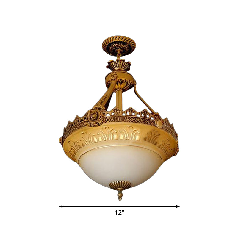Bowl Terrace Ceiling Chandelier Rustic Beige and White Glass 3-Light 12"/16"/19.5" W Brass Pendant Lamp Clearhalo 'Ceiling Lights' 'Chandeliers' Lighting' options 1972282