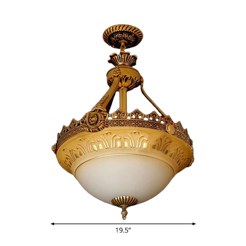 Bowl Terrace Ceiling Chandelier Rustic Beige and White Glass 3-Light 12"/16"/19.5" W Brass Pendant Lamp Clearhalo 'Ceiling Lights' 'Chandeliers' Lighting' options 1972284