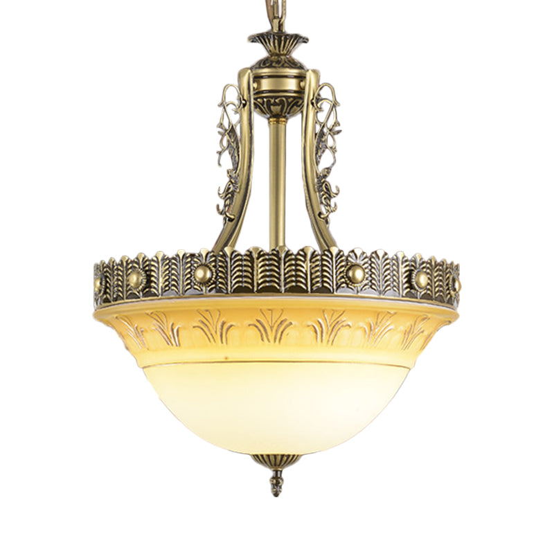 Bowl Terrace Ceiling Chandelier Rustic Beige and White Glass 3-Light 12"/16"/19.5" W Brass Pendant Lamp Clearhalo 'Ceiling Lights' 'Chandeliers' Lighting' options 1972285
