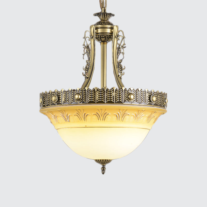 Bowl Terrace Ceiling Chandelier Rustic Beige and White Glass 3-Light 12"/16"/19.5" W Brass Pendant Lamp Clearhalo 'Ceiling Lights' 'Chandeliers' Lighting' options 1972286
