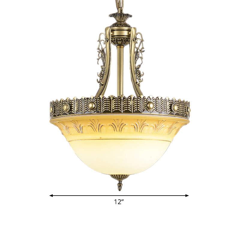 Bowl Terrace Ceiling Chandelier Rustic Beige and White Glass 3-Light 12"/16"/19.5" W Brass Pendant Lamp Clearhalo 'Ceiling Lights' 'Chandeliers' Lighting' options 1972287