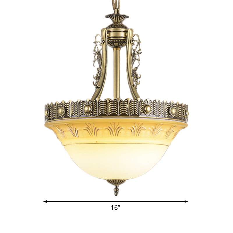 Bowl Terrace Ceiling Chandelier Rustic Beige and White Glass 3-Light 12"/16"/19.5" W Brass Pendant Lamp Clearhalo 'Ceiling Lights' 'Chandeliers' Lighting' options 1972288
