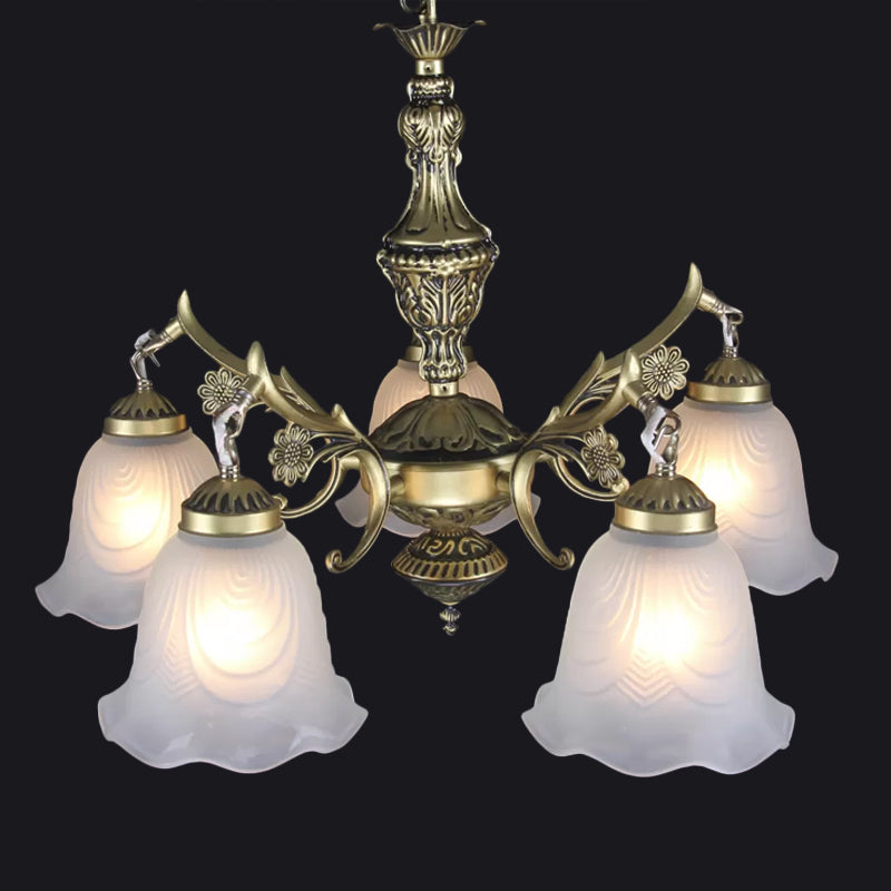 Bronze Floral Down Chandelier Lighting Vintage Frosted Glass 5-Bulb Dining Room Drop Lamp Bronze Clearhalo 'Ceiling Lights' 'Chandeliers' Lighting' options 1972375_48d65f33-8a90-427d-833f-d27ae7452191