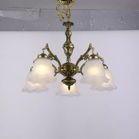 Bronze Floral Down Chandelier Lighting Vintage Frosted Glass 5-Bulb Dining Room Drop Lamp Clearhalo 'Ceiling Lights' 'Chandeliers' Lighting' options 1972376
