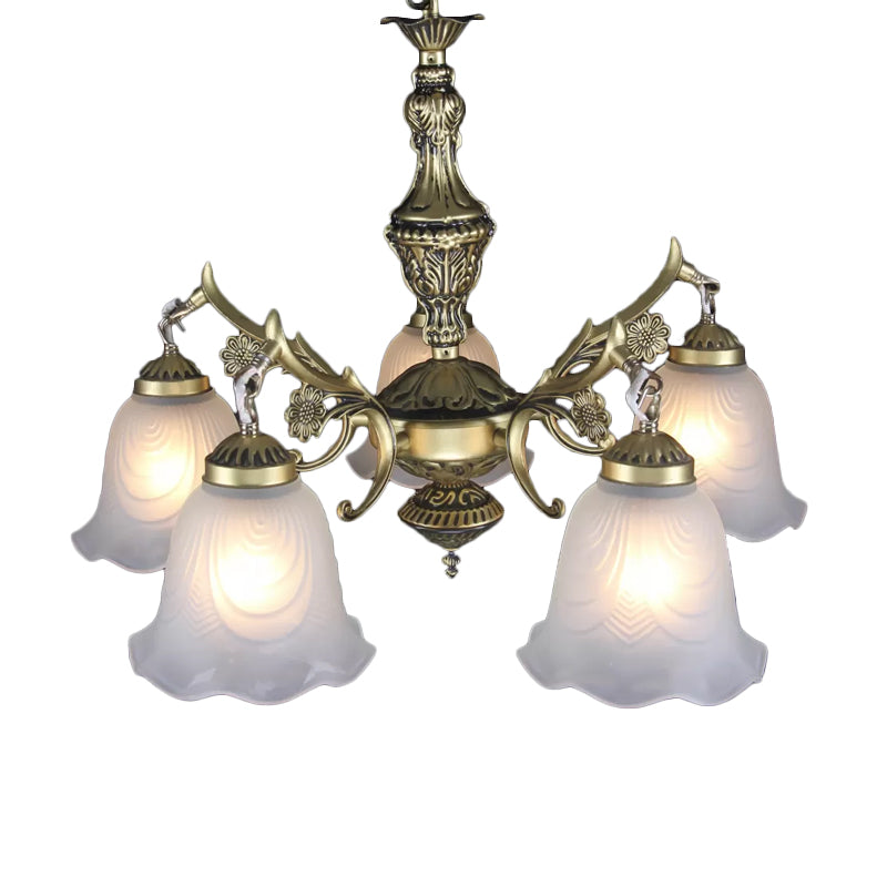 Bronze Floral Down Chandelier Lighting Vintage Frosted Glass 5-Bulb Dining Room Drop Lamp Clearhalo 'Ceiling Lights' 'Chandeliers' Lighting' options 1972377