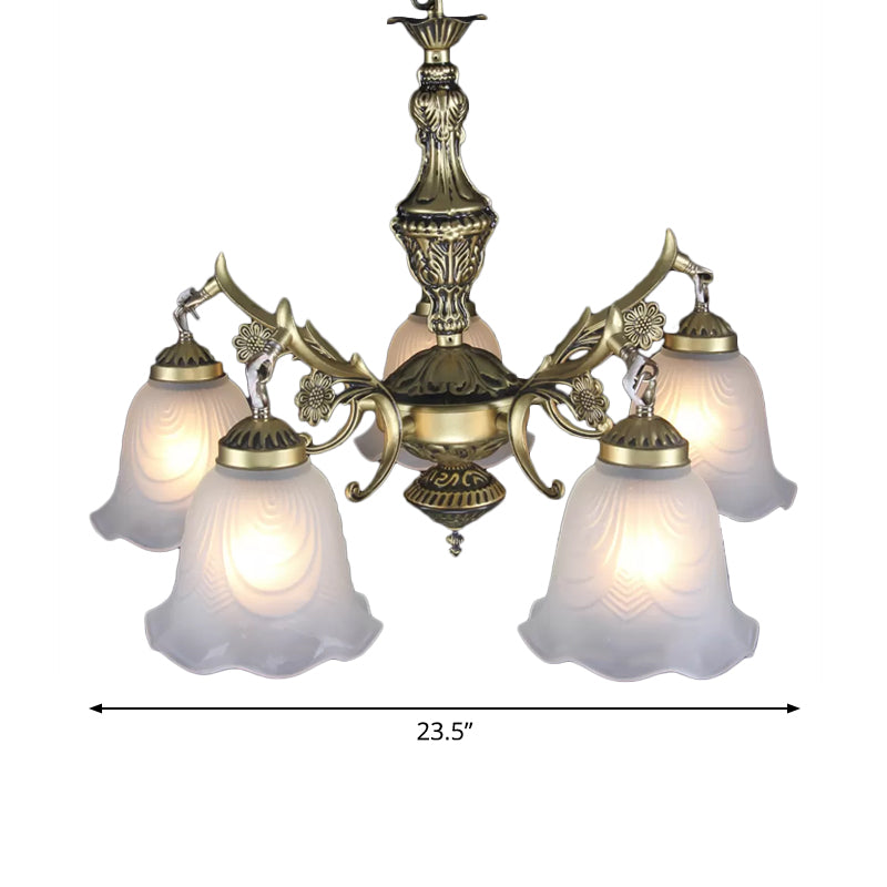 Bronze Floral Down Chandelier Lighting Vintage Frosted Glass 5-Bulb Dining Room Drop Lamp Clearhalo 'Ceiling Lights' 'Chandeliers' Lighting' options 1972378