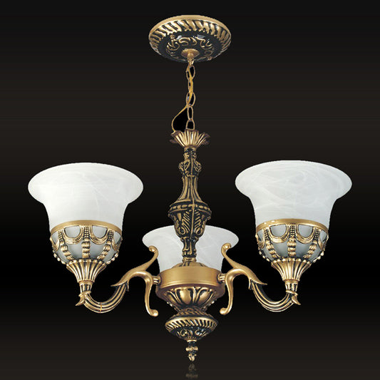 3-Light Hanging Chandelier Traditional Restaurant Pendant Lamp with Flared Alabaster Glass Shade in Bronze Clearhalo 'Ceiling Lights' 'Chandeliers' Lighting' options 1972379