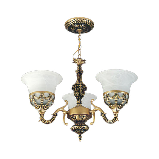 3-Light Hanging Chandelier Traditional Restaurant Pendant Lamp with Flared Alabaster Glass Shade in Bronze Clearhalo 'Ceiling Lights' 'Chandeliers' Lighting' options 1972380
