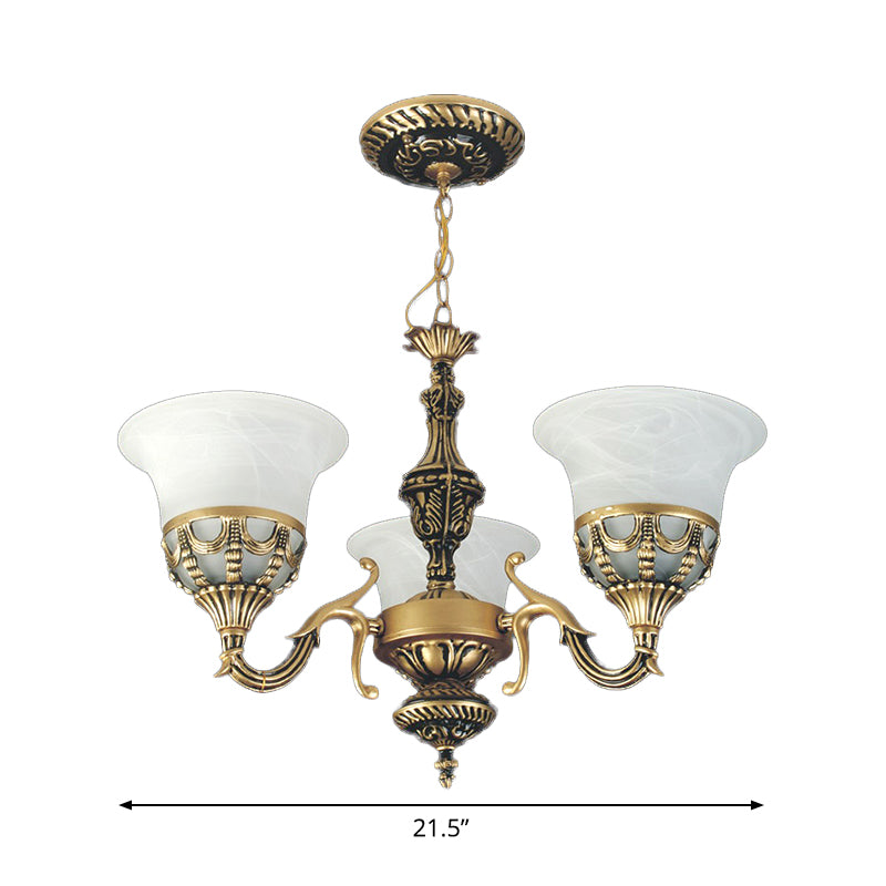 3-Light Hanging Chandelier Traditional Restaurant Pendant Lamp with Flared Alabaster Glass Shade in Bronze Clearhalo 'Ceiling Lights' 'Chandeliers' Lighting' options 1972381