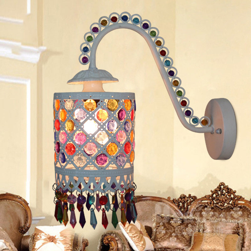 Iron White/Red Wall Sconce Cylinder 1 Head Bohemia Wall Mount Light with Beaded Fringe and Gooseneck Arm Red Clearhalo 'Wall Lamps & Sconces' 'Wall Lights' Lighting' 1972382