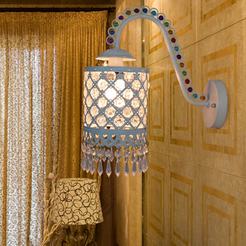 Iron White/Red Wall Sconce Cylinder 1 Head Bohemia Wall Mount Light with Beaded Fringe and Gooseneck Arm White Clearhalo 'Wall Lamps & Sconces' 'Wall Lights' Lighting' 1972387
