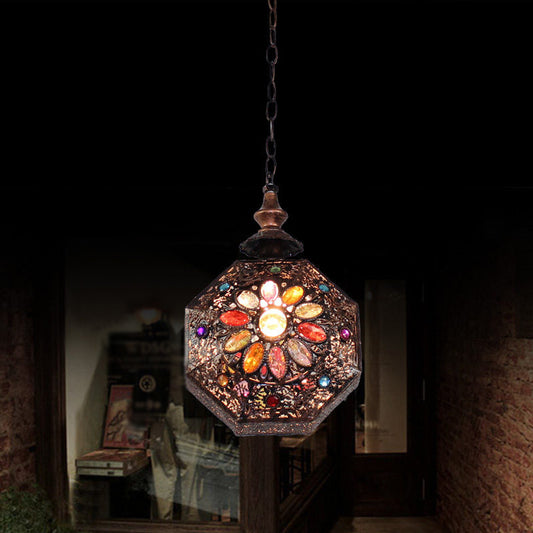 Weathered Copper Octagonal Pendant Lamp Bohemian Stained Glass 1 Bulb Dining Room Ceiling Hanging Lantern Clearhalo 'Ceiling Lights' 'Pendant Lights' 'Pendants' Lighting' 1972444