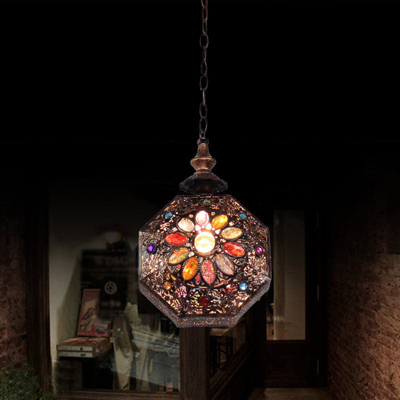 Weathered Copper Octagonal Pendant Lamp Bohemian Stained Glass 1 Bulb Dining Room Ceiling Hanging Lantern Copper A Clearhalo 'Ceiling Lights' 'Pendant Lights' 'Pendants' Lighting' 1972444_d9d6e31f-a293-442a-ada5-6fb4eb723f6c