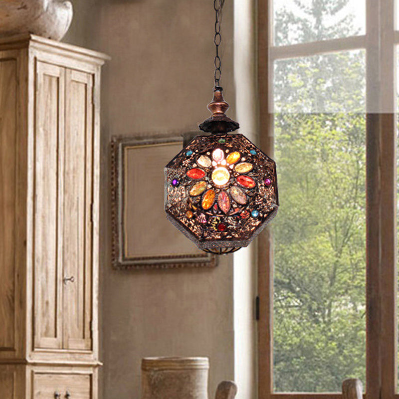Weathered Copper Octagonal Pendant Lamp Bohemian Stained Glass 1 Bulb Dining Room Ceiling Hanging Lantern Clearhalo 'Ceiling Lights' 'Pendant Lights' 'Pendants' Lighting' 1972445