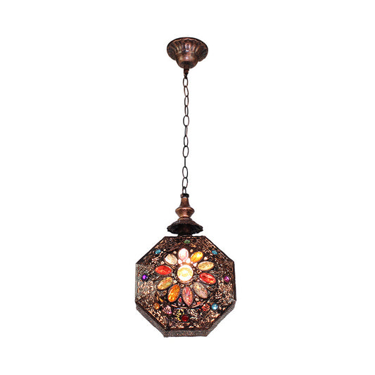 Weathered Copper Octagonal Pendant Lamp Bohemian Stained Glass 1 Bulb Dining Room Ceiling Hanging Lantern Clearhalo 'Ceiling Lights' 'Pendant Lights' 'Pendants' Lighting' 1972446