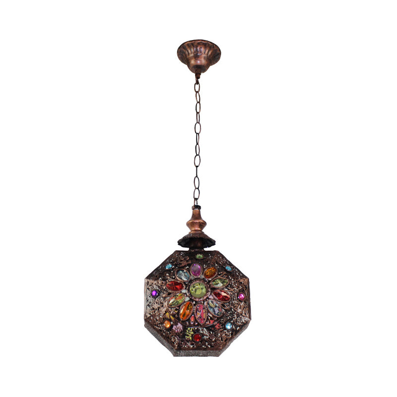 Weathered Copper Octagonal Pendant Lamp Bohemian Stained Glass 1 Bulb Dining Room Ceiling Hanging Lantern Clearhalo 'Ceiling Lights' 'Pendant Lights' 'Pendants' Lighting' 1972447