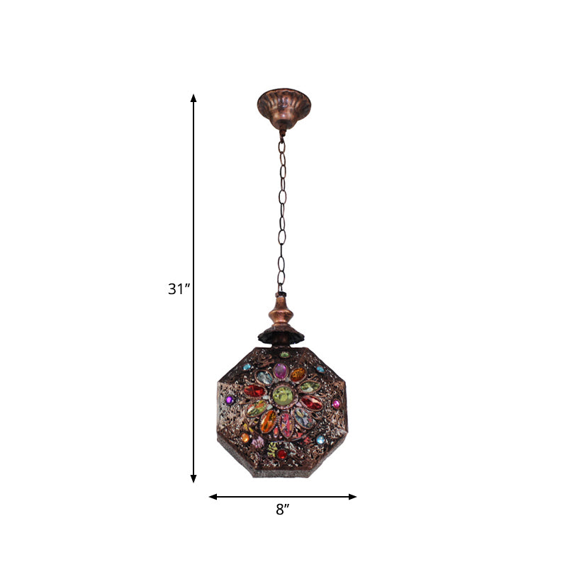 Weathered Copper Octagonal Pendant Lamp Bohemian Stained Glass 1 Bulb Dining Room Ceiling Hanging Lantern Clearhalo 'Ceiling Lights' 'Pendant Lights' 'Pendants' Lighting' 1972448