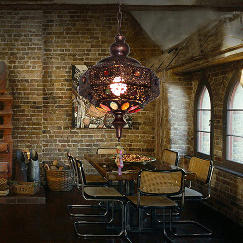 Weathered Copper Octagonal Pendant Lamp Bohemian Stained Glass 1 Bulb Dining Room Ceiling Hanging Lantern Copper B Clearhalo 'Ceiling Lights' 'Pendant Lights' 'Pendants' Lighting' 1972449_721e0d0b-4053-4171-baa1-1248fad9f587