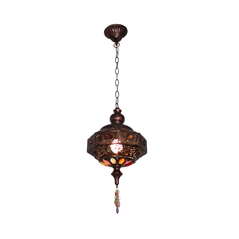 Weathered Copper Octagonal Pendant Lamp Bohemian Stained Glass 1 Bulb Dining Room Ceiling Hanging Lantern Clearhalo 'Ceiling Lights' 'Pendant Lights' 'Pendants' Lighting' 1972451
