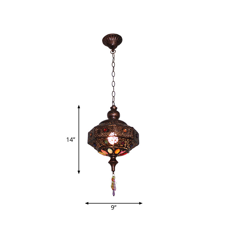 Weathered Copper Octagonal Pendant Lamp Bohemian Stained Glass 1 Bulb Dining Room Ceiling Hanging Lantern Clearhalo 'Ceiling Lights' 'Pendant Lights' 'Pendants' Lighting' 1972452