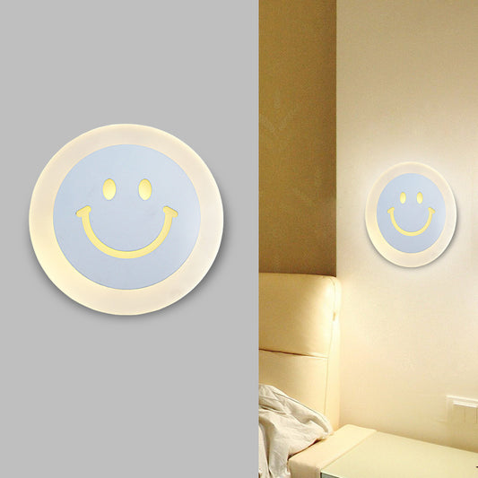 Thin Round LED Wall Light Kit Cartoon Acrylic White Smiley Wall Sconce in Warm/White Light for Bedroom Clearhalo 'Modern wall lights' 'Modern' 'Wall Lamps & Sconces' 'Wall Lights' Lighting' 1972585