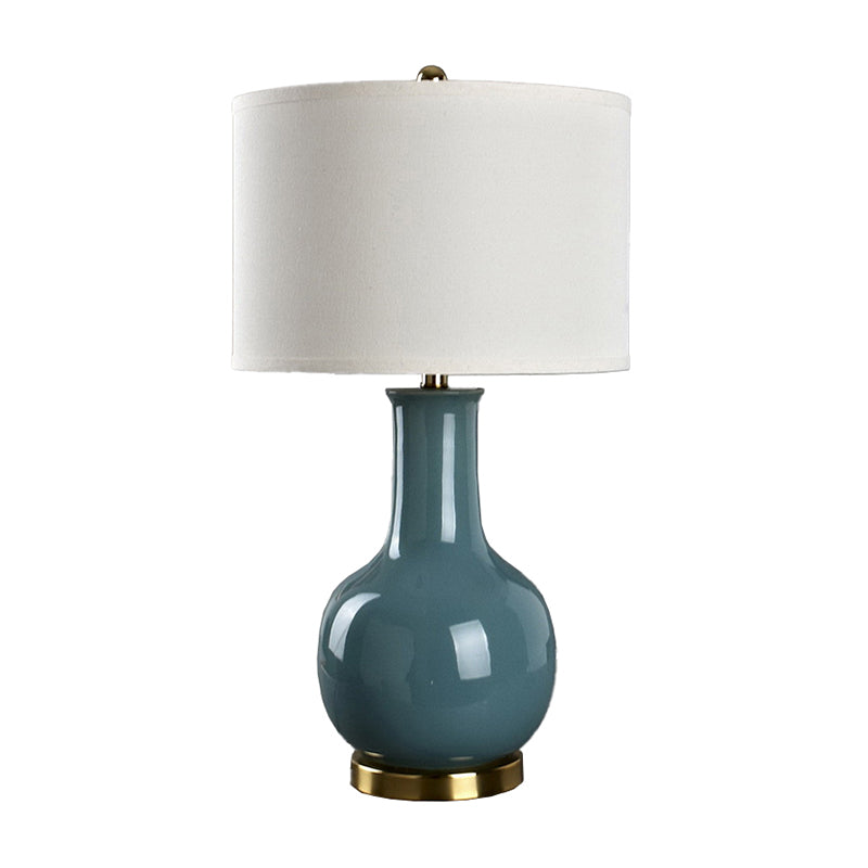 Drum Night Stand Light Modern Fabric 1 Head Living Room Table Lamp with Vase Ceramic Base in White/Red/Blue Blue Clearhalo 'Lamps' 'Table Lamps' Lighting' 1972700