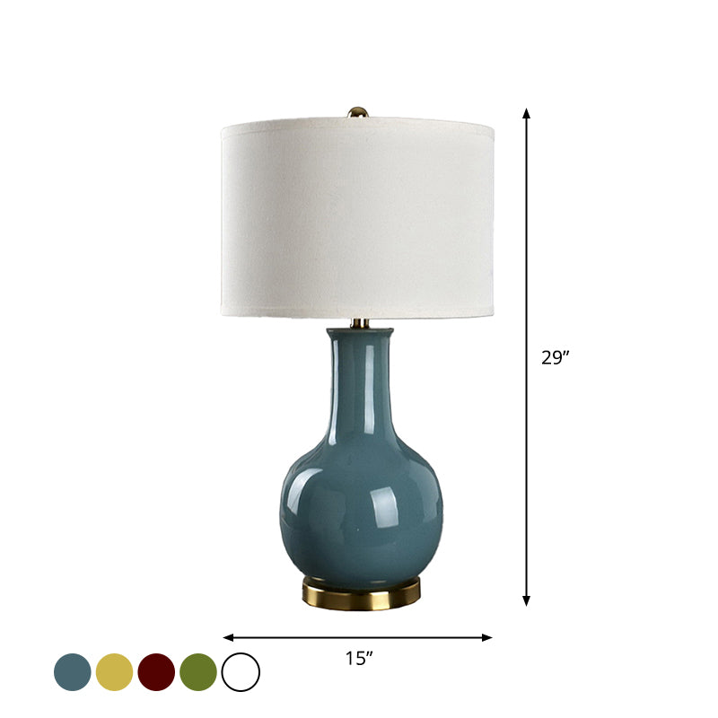 Drum Night Stand Light Modern Fabric 1 Head Living Room Table Lamp with Vase Ceramic Base in White/Red/Blue Clearhalo 'Lamps' 'Table Lamps' Lighting' 1972702