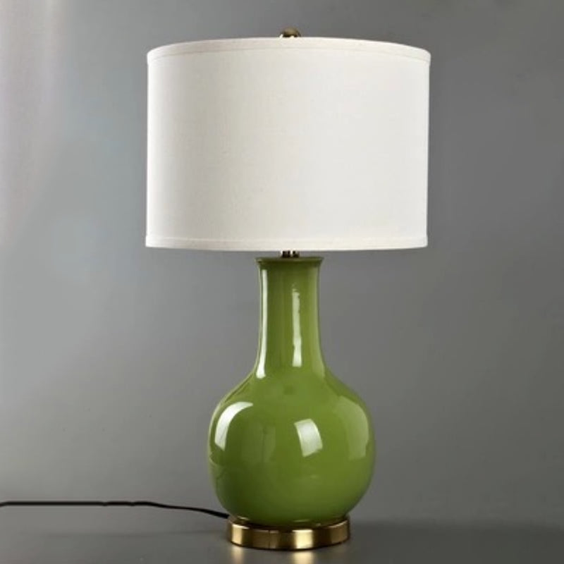 Drum Night Stand Light Modern Fabric 1 Head Living Room Table Lamp with Vase Ceramic Base in White/Red/Blue Green Clearhalo 'Lamps' 'Table Lamps' Lighting' 1972706