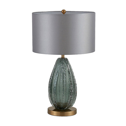 Blue Seeded Glass Ellipse Night Lamp Modern 1 Head Grey Table Light with Drum Fabric Shade, 12"/15" W Grey Clearhalo 'Lamps' 'Table Lamps' Lighting' 1972727