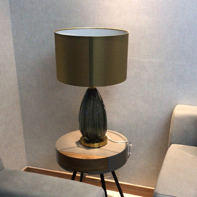 Blue Seeded Glass Ellipse Night Lamp Modern 1 Head Grey Table Light with Drum Fabric Shade, 12"/15" W Clearhalo 'Lamps' 'Table Lamps' Lighting' 1972728