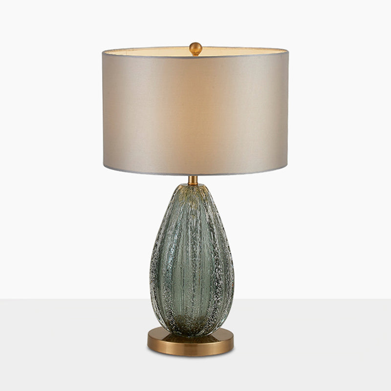 Blue Seeded Glass Ellipse Night Lamp Modern 1 Head Grey Table Light with Drum Fabric Shade, 12"/15" W Clearhalo 'Lamps' 'Table Lamps' Lighting' 1972730