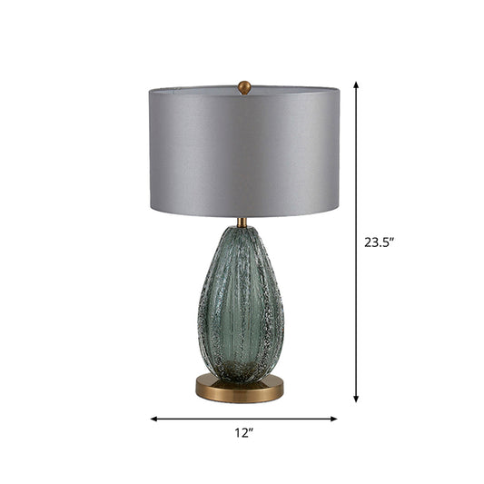 Blue Seeded Glass Ellipse Night Lamp Modern 1 Head Grey Table Light with Drum Fabric Shade, 12"/15" W Clearhalo 'Lamps' 'Table Lamps' Lighting' 1972731