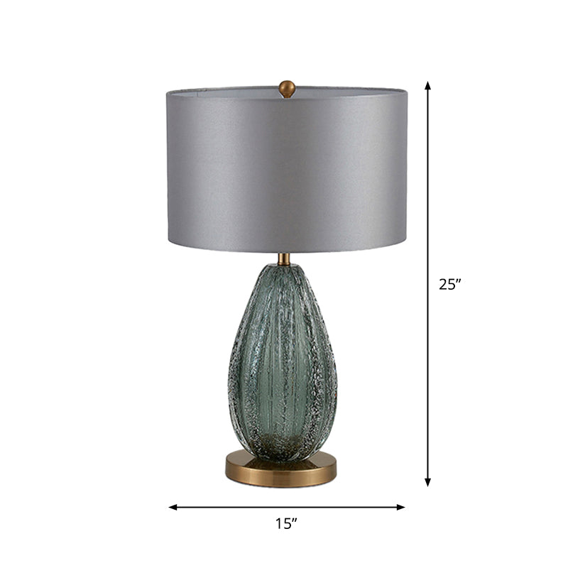 Blue Seeded Glass Ellipse Night Lamp Modern 1 Head Grey Table Light with Drum Fabric Shade, 12"/15" W Clearhalo 'Lamps' 'Table Lamps' Lighting' 1972732