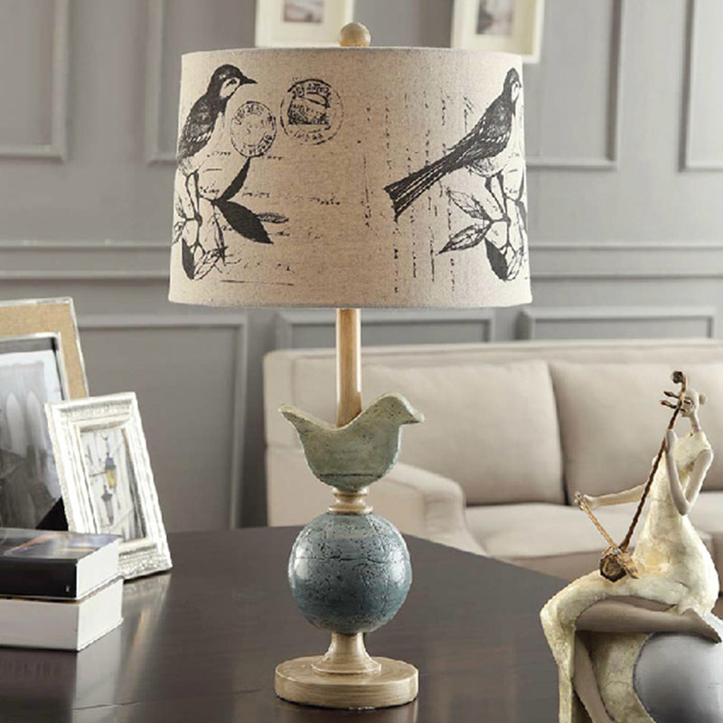 Printed Fabric Drum Table Lamp Novelty Modern Single Beige Night Light with Bird and Globe Base Clearhalo 'Lamps' 'Table Lamps' Lighting' 1972734