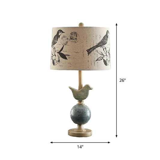 Printed Fabric Drum Table Lamp Novelty Modern Single Beige Night Light with Bird and Globe Base Clearhalo 'Lamps' 'Table Lamps' Lighting' 1972735