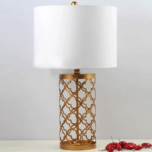Minimalistic Quatrefoil Night Stand Light Metal 1 Head Bedroom Table Lamp with Cylinder Shade in White, 14"/15" W White Clearhalo 'Lamps' 'Table Lamps' Lighting' 1972745