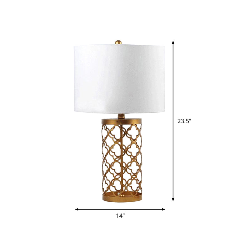 Minimalistic Quatrefoil Night Stand Light Metal 1 Head Bedroom Table Lamp with Cylinder Shade in White, 14"/15" W Clearhalo 'Lamps' 'Table Lamps' Lighting' 1972748