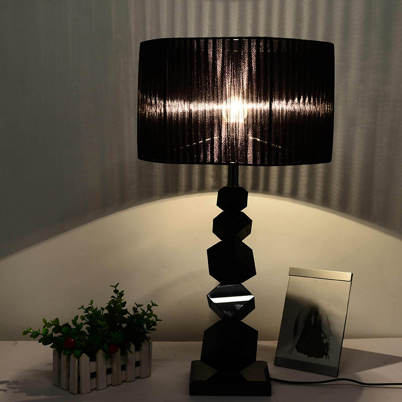 Black Drum Nightstand Lamp Modern 12"/13" W Single Pleated Fabric Table Light with Rock Pedestal Black Clearhalo 'Lamps' 'Table Lamps' Lighting' 1972754