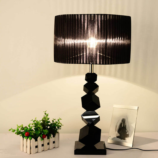 Black Drum Nightstand Lamp Modern 12"/13" W Single Pleated Fabric Table Light with Rock Pedestal Clearhalo 'Lamps' 'Table Lamps' Lighting' 1972755