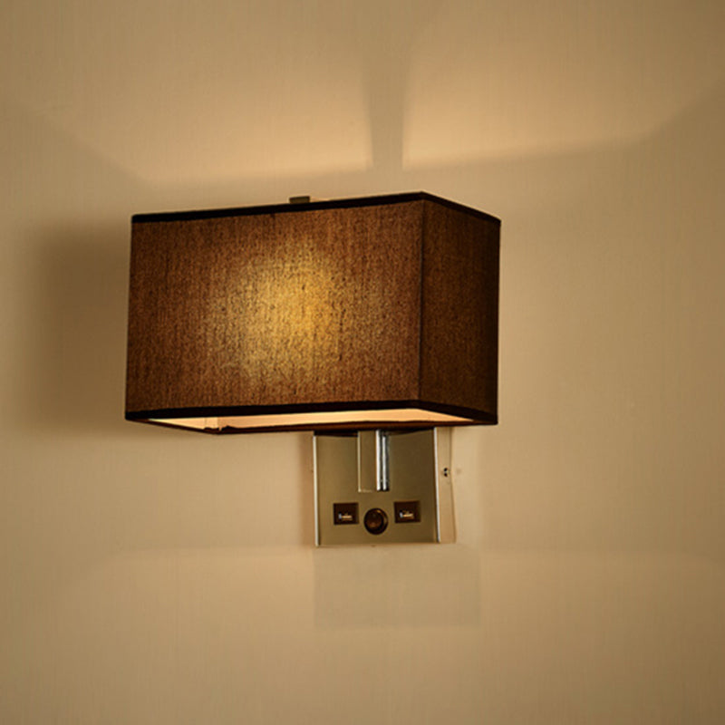 Fabric Rectangle Wall Light Kit Minimalist Single-Bulb Beige/Black/White Wall Lamp Fixture with USB Port Black Clearhalo 'Cast Iron' 'Glass' 'Industrial' 'Modern wall lights' 'Modern' 'Tiffany' 'Traditional wall lights' 'Wall Lamps & Sconces' 'Wall Lights' Lighting' 1972893