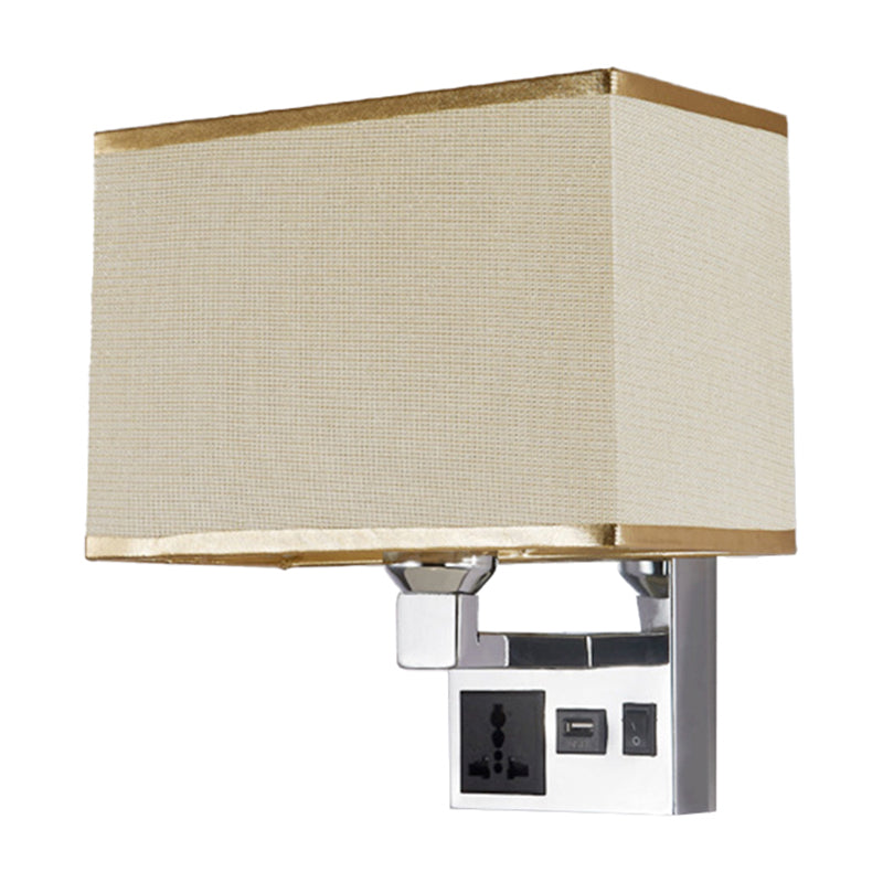 Rectangle Fabric Wall Light Simple Single White/Flaxen Wall Sconce with 3-Hole Socket and USB Charging Port Clearhalo 'Cast Iron' 'Glass' 'Industrial' 'Modern wall lights' 'Modern' 'Tiffany' 'Traditional wall lights' 'Wall Lamps & Sconces' 'Wall Lights' Lighting' 1972904
