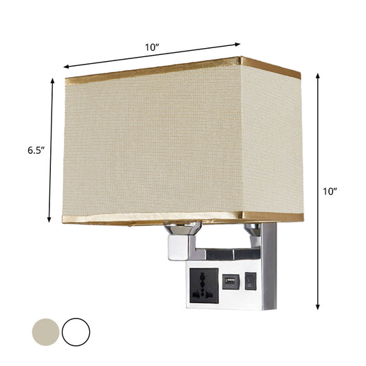Rectangle Fabric Wall Light Simple Single White/Flaxen Wall Sconce with 3-Hole Socket and USB Charging Port Clearhalo 'Cast Iron' 'Glass' 'Industrial' 'Modern wall lights' 'Modern' 'Tiffany' 'Traditional wall lights' 'Wall Lamps & Sconces' 'Wall Lights' Lighting' 1972906
